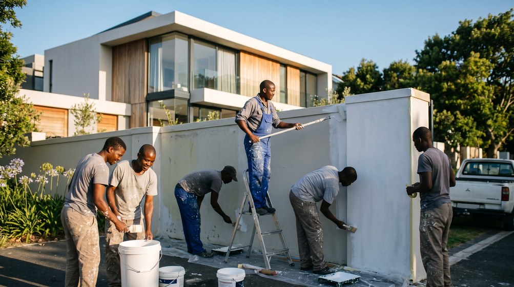 Professional team painting a boundary wall at a modern home in Kirstenhof