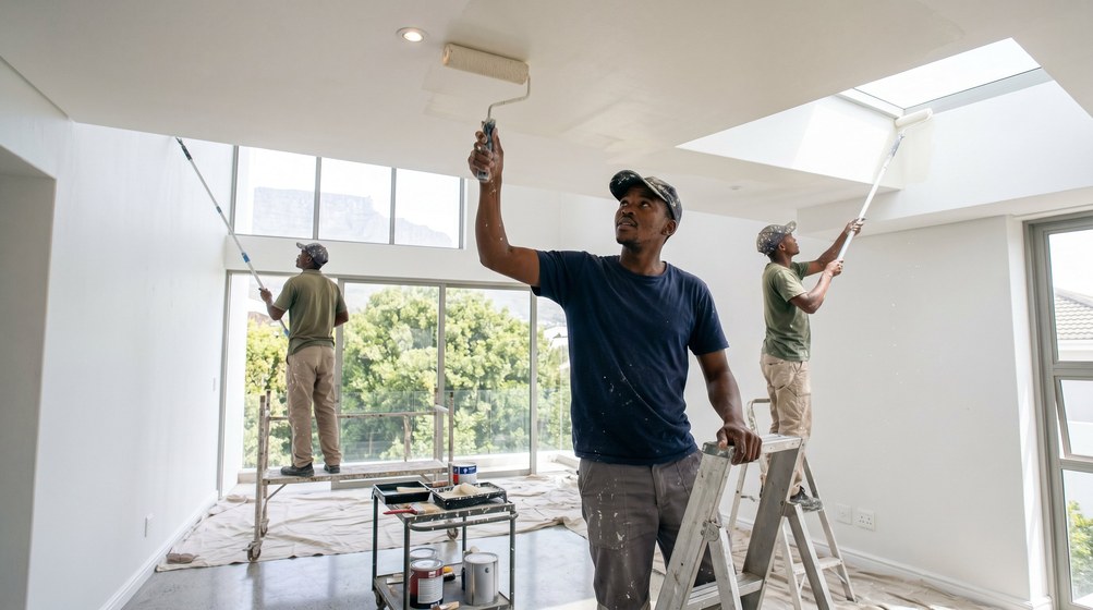 Professional ceiling painters rolling white paint onto a high ceiling in Kirstenhof