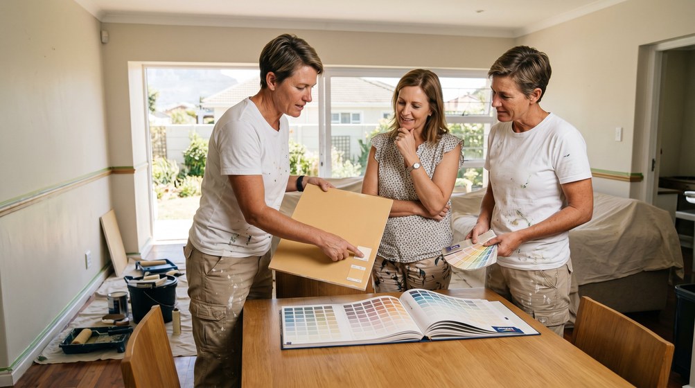 Professional colour consultant showing paint swatches to a homeowner in Kirstenhof