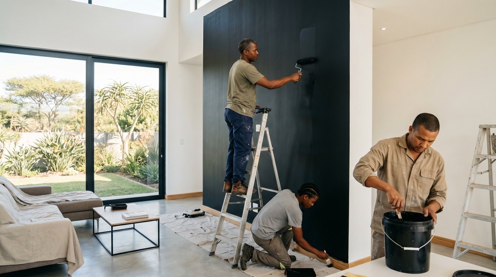 Professional painters creating a bold black feature wall in a modern Kirstenhof home