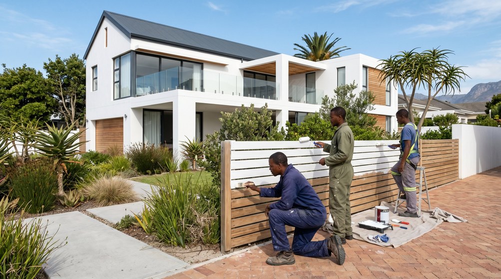 Professional fence painters painting a wooden fence at a coastal home in Kirstenhof