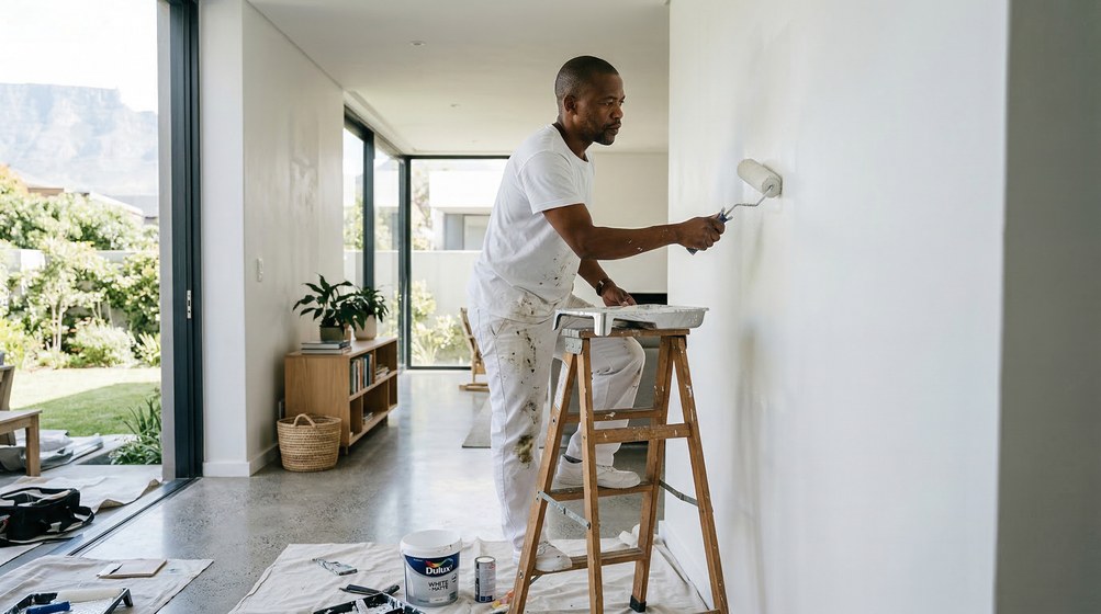 Professional interior painter in Kirstenhof painting walls with a roller