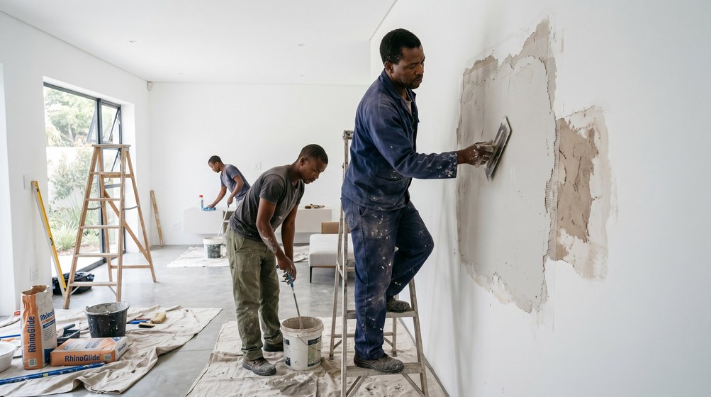 Professional plaster repair team skim coating damaged walls in Kirstenhof