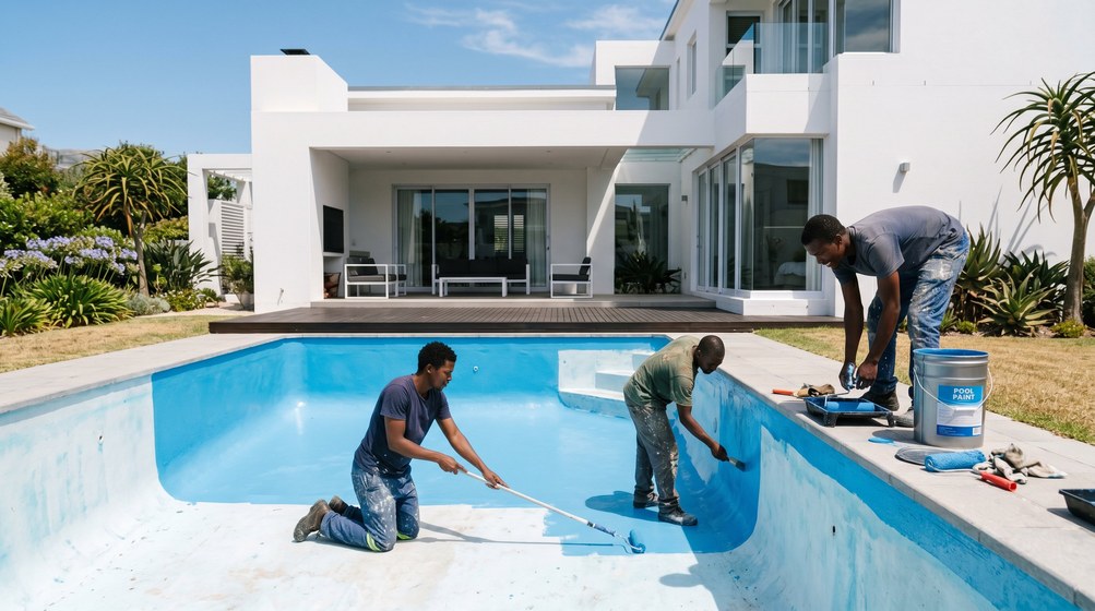 Professional pool painters applying blue pool paint to a swimming pool in Kirstenhof