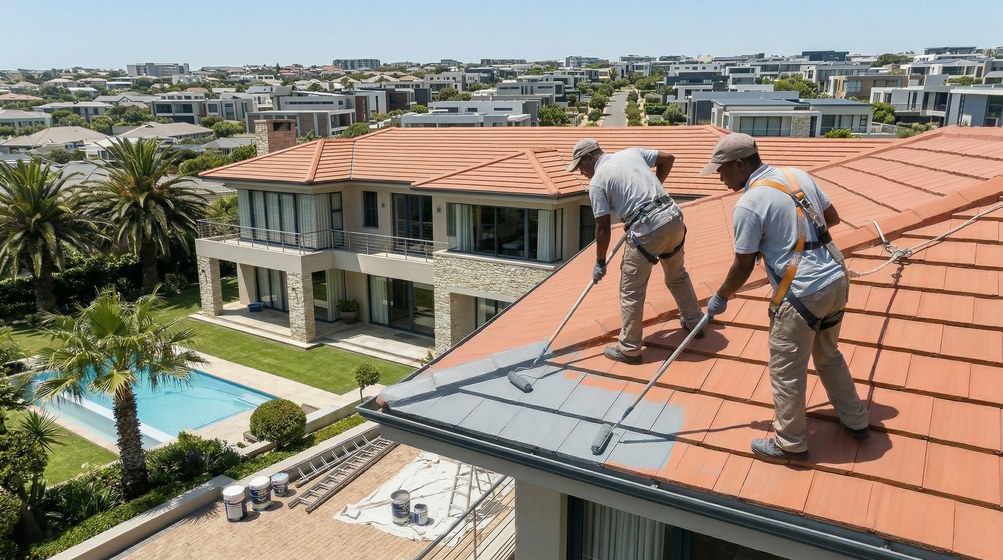 Professional roof painters applying waterproof coating to tiled roof in Kirstenhof