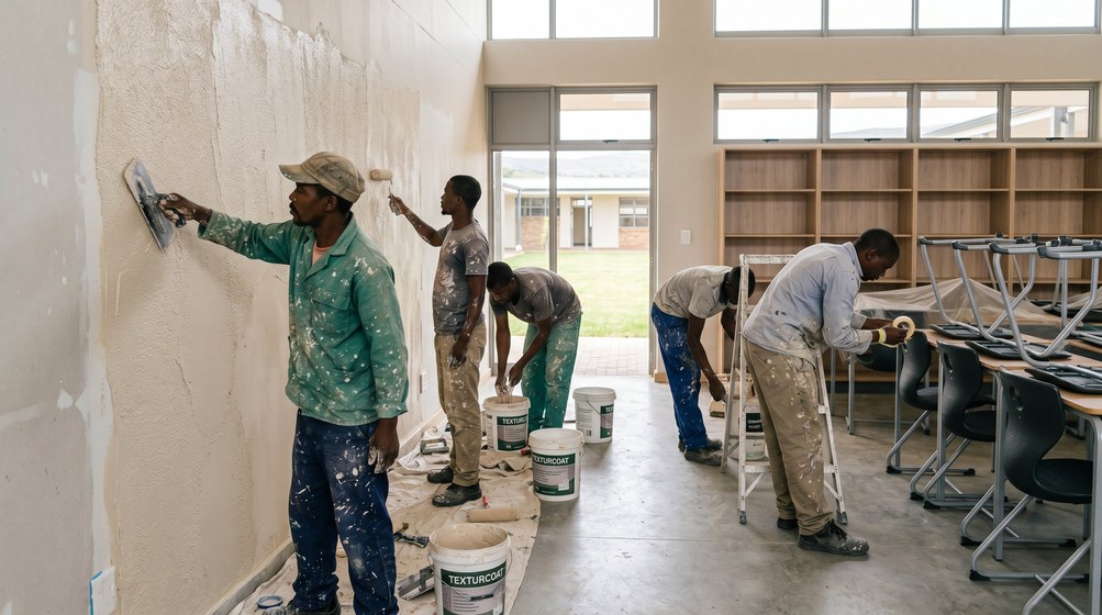 Professional texture coating team applying Texturcoat to interior walls in Kirstenhof