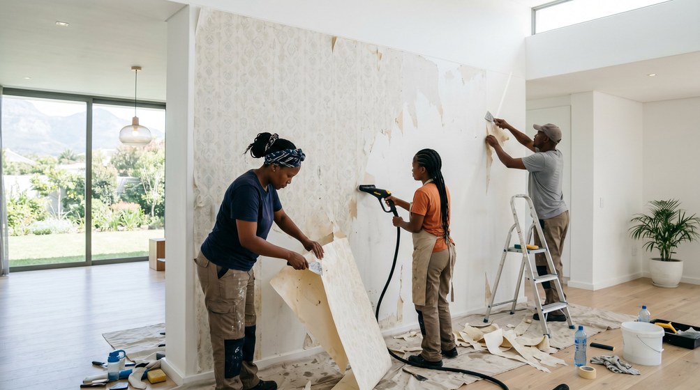 Professional wallpaper removal team stripping old wallpaper in a Kirstenhof home