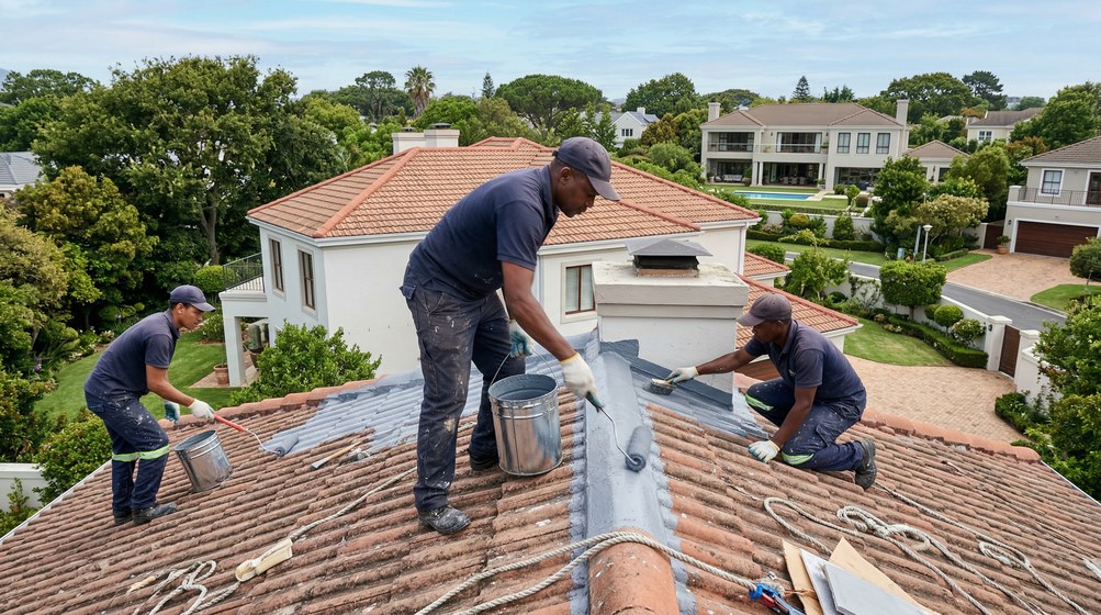 Professional waterproofing team applying membrane to roof in Kirstenhof