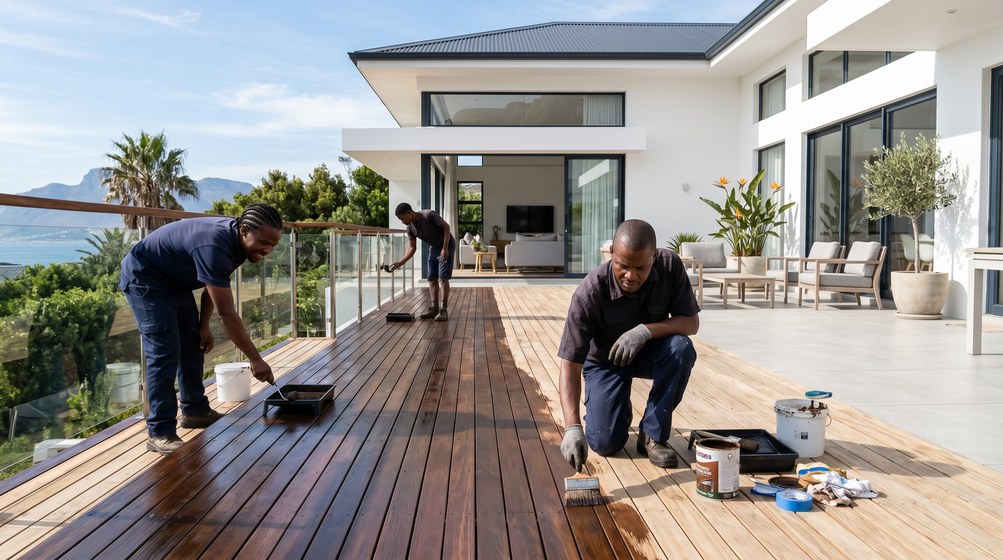 Professional wood staining team applying deck stain overlooking the ocean in Kirstenhof
